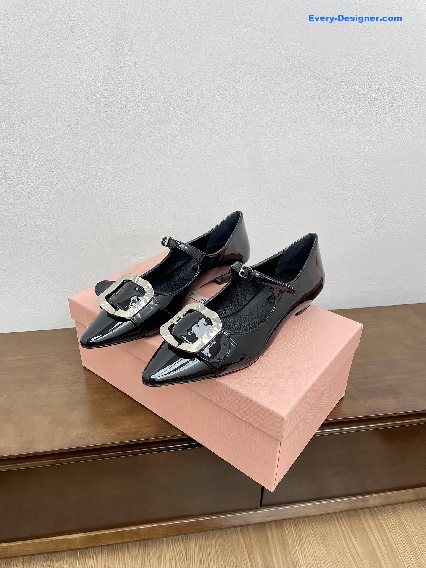Miu Miu Black Mary Jane Pointed Flats with Belt Buckle