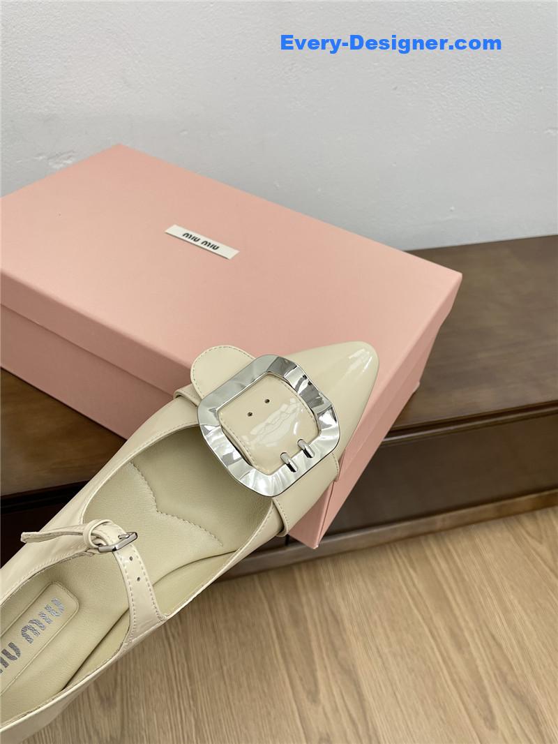 Miu Miu Ivory Mary Jane Pointed Flats with Belt Buckle