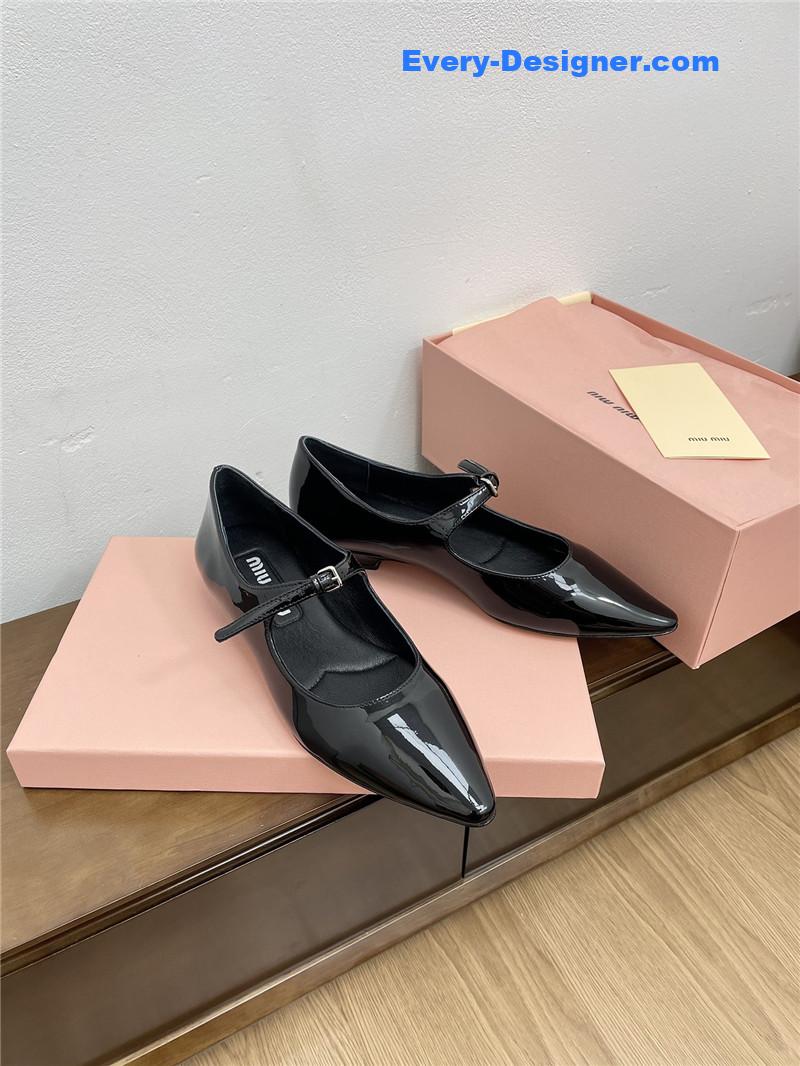 Miu Miu Black Pattern Mary Jane Pointed Flats