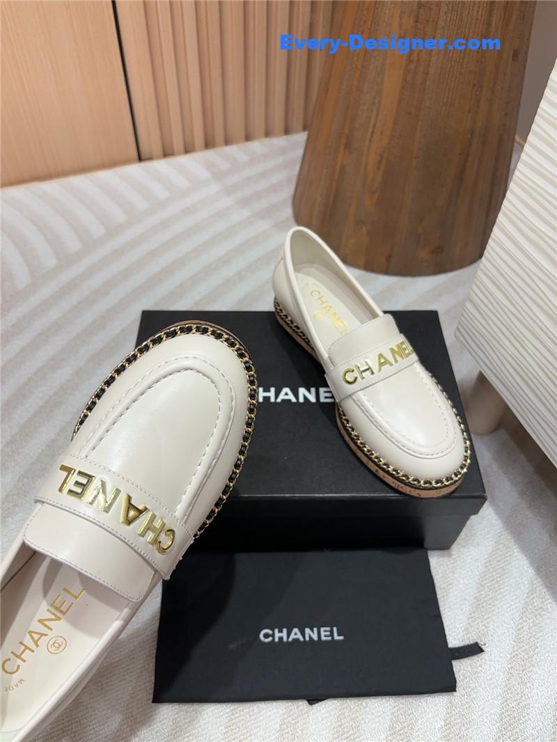 Ch**el metal letter chain trim ivory calfskin loafers