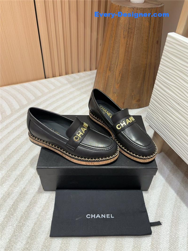 Ch**el metal letter chain trim black calfskin loafers