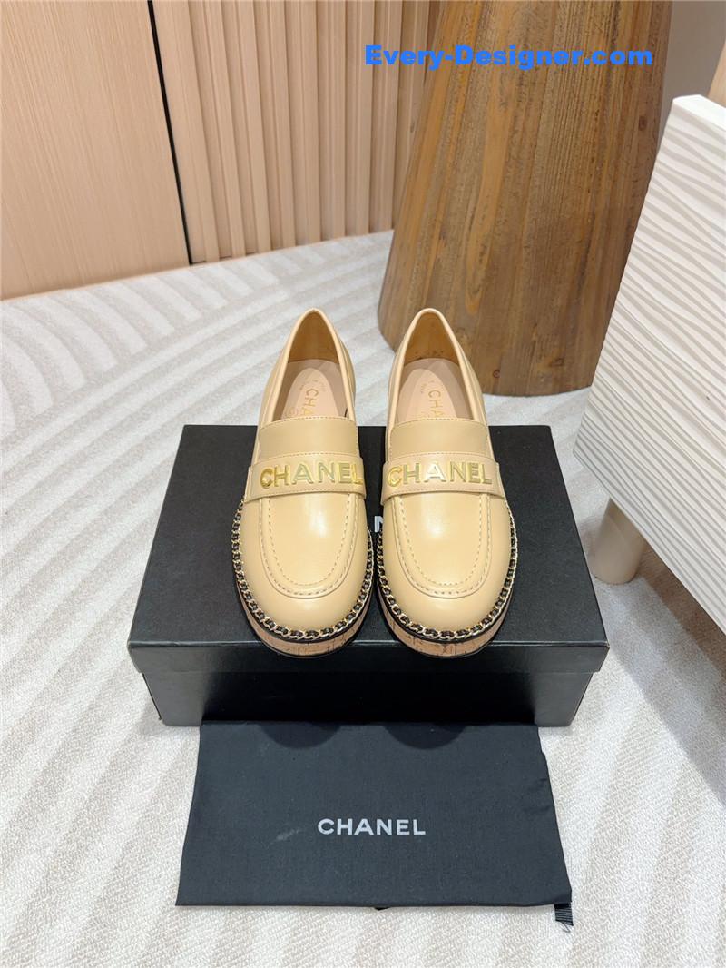 Ch**el metal letter chain trim beige calfskin loafers