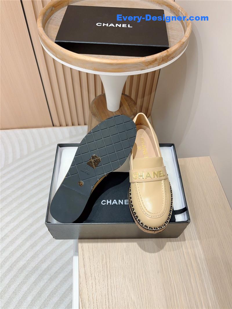 Ch**el metal letter chain trim beige calfskin loafers
