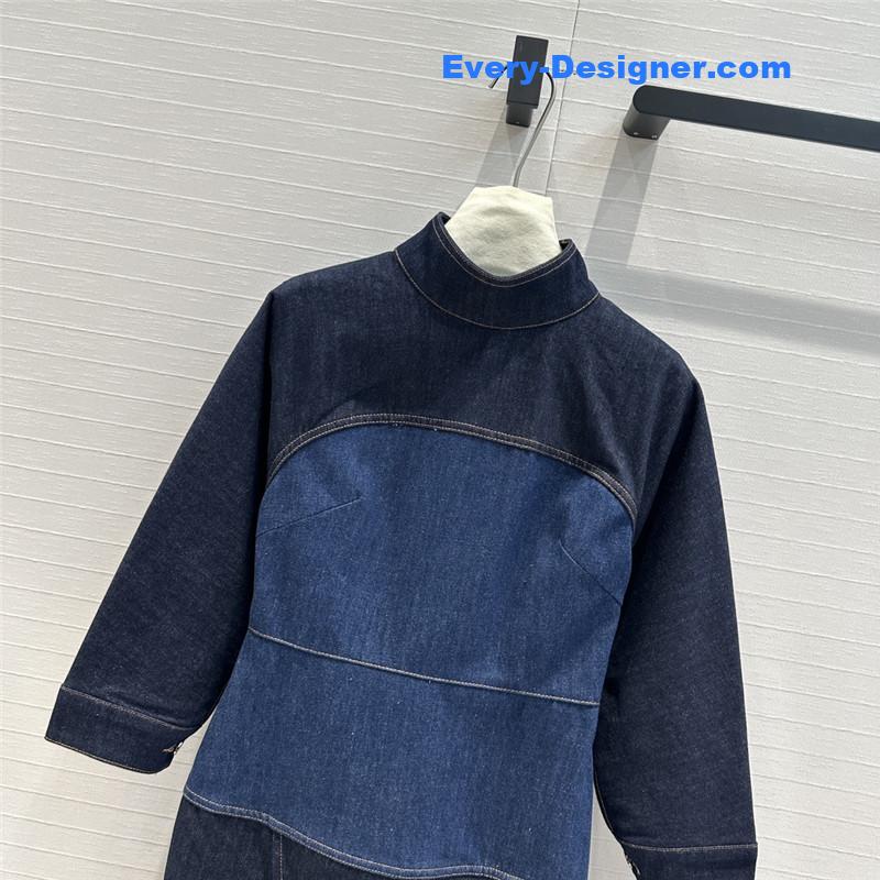 F**di colorblock stand collar denim dress replica clothes