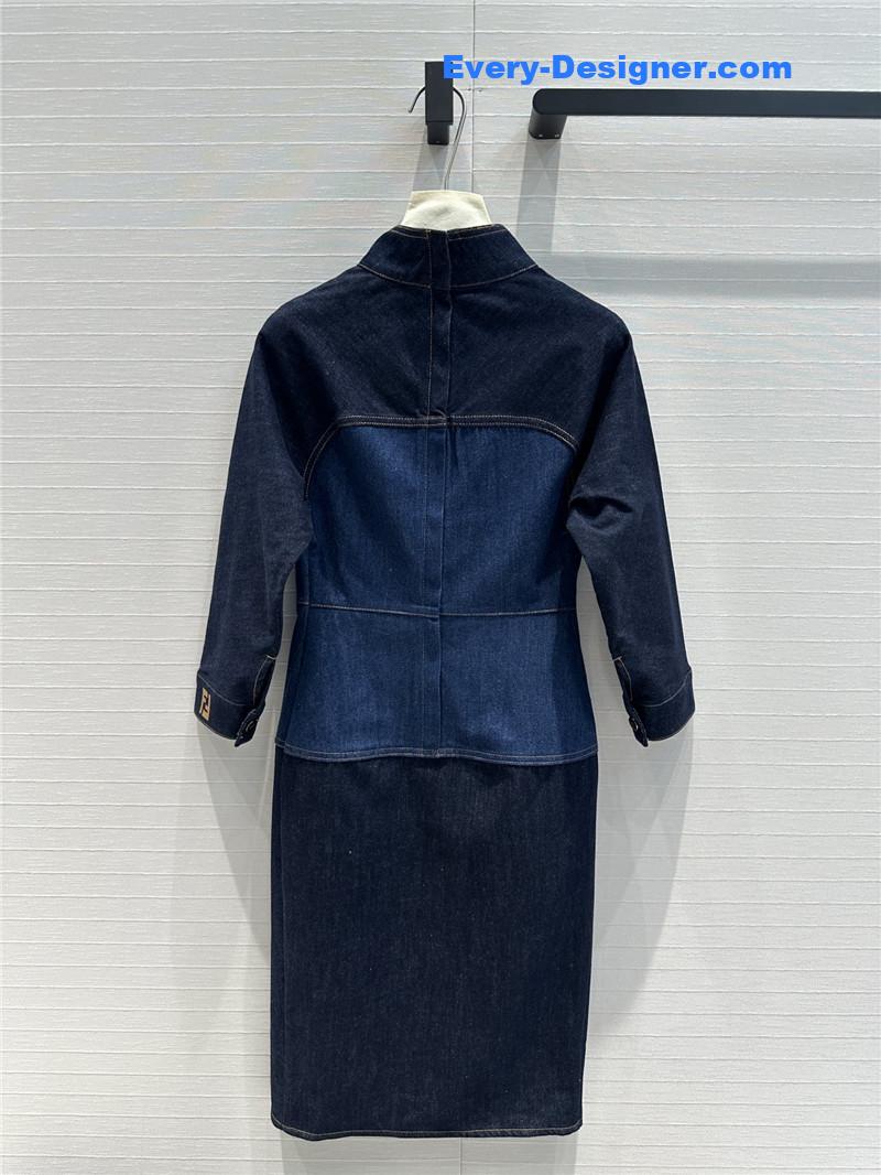 F**di colorblock stand collar denim dress replica clothes