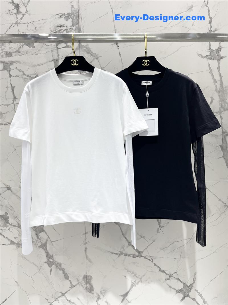 Ch**el mesh stitching long-sleeved straight t-shirt replicas clothes