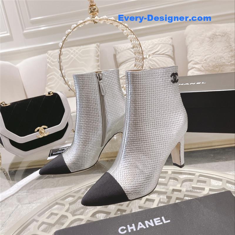 Ch**el silver pointed toe heel ankle boots
