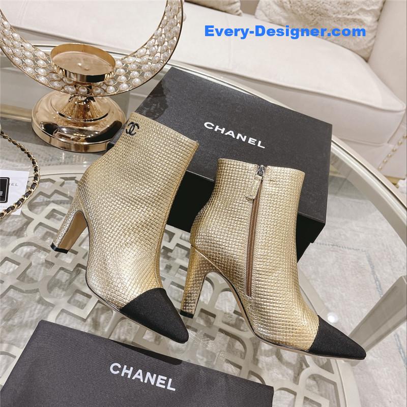 Ch**el logo gold pointed heel ankle boots