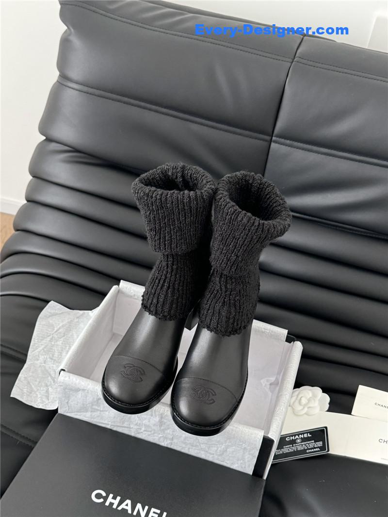 Ch**el black calfskin sock ankle boots