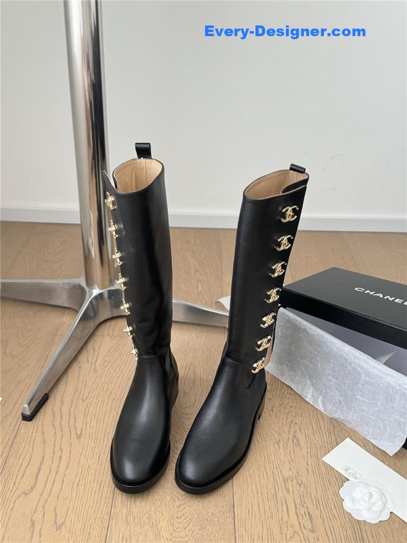 Ch**el black calfskin high boots for women