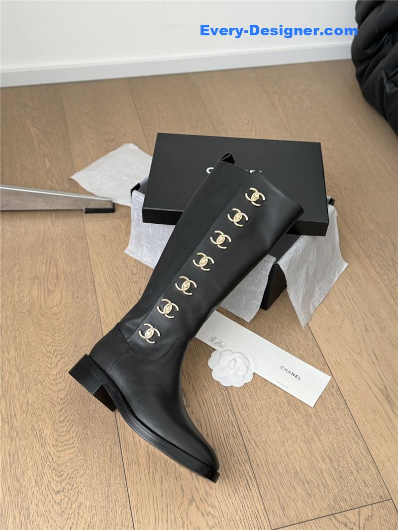 Ch**el black calfskin high boots for women