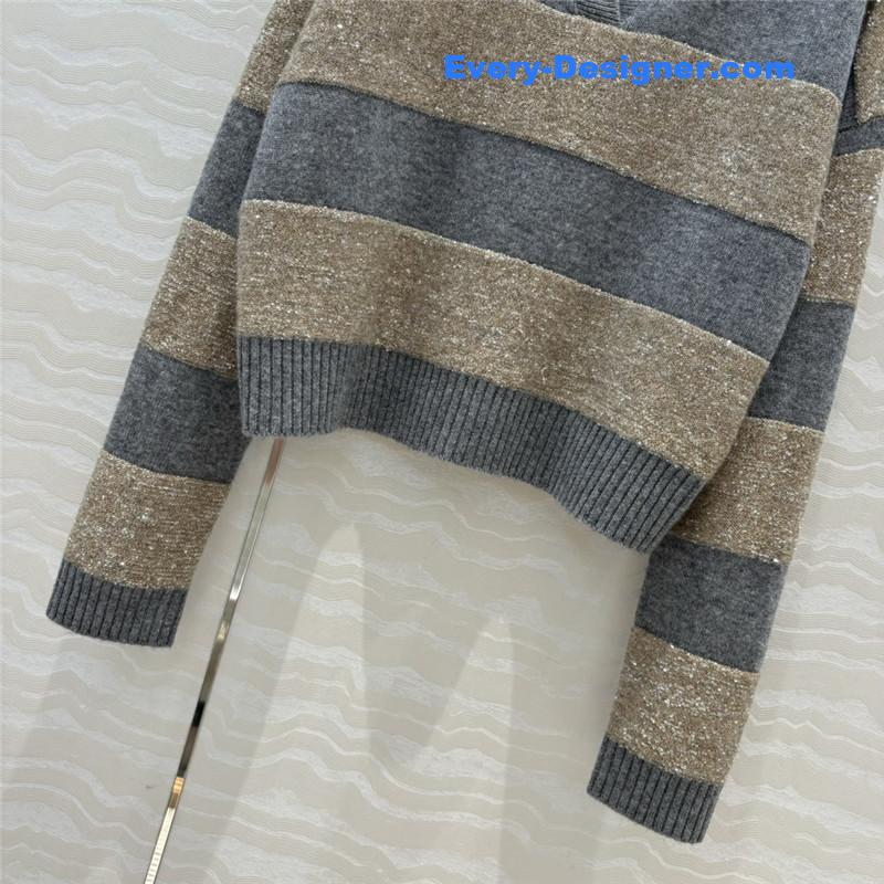 BC Striped Lapel-Neck Blend Knit Sweater