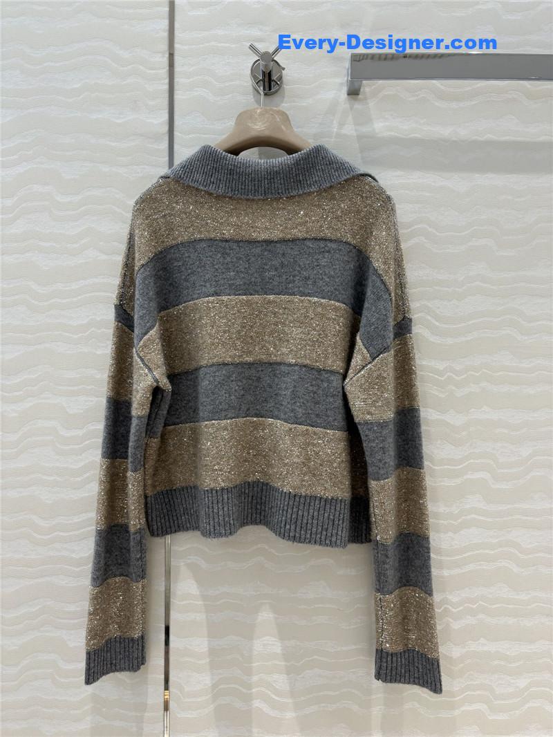 BC Striped Lapel-Neck Blend Knit Sweater