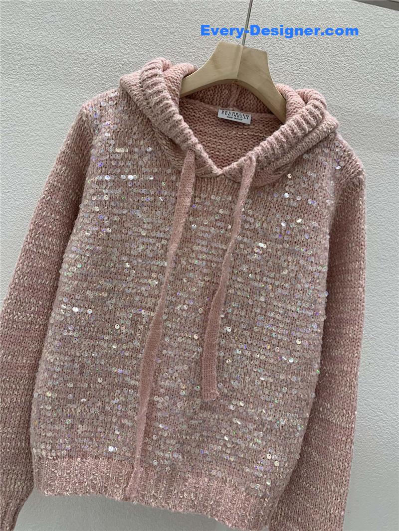BC Sequined Knit Hooded Sweater Pink
