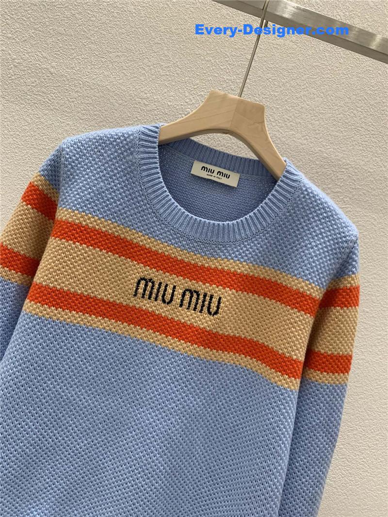 Miu Miu Logo Contrast Knit Sweater in Blue