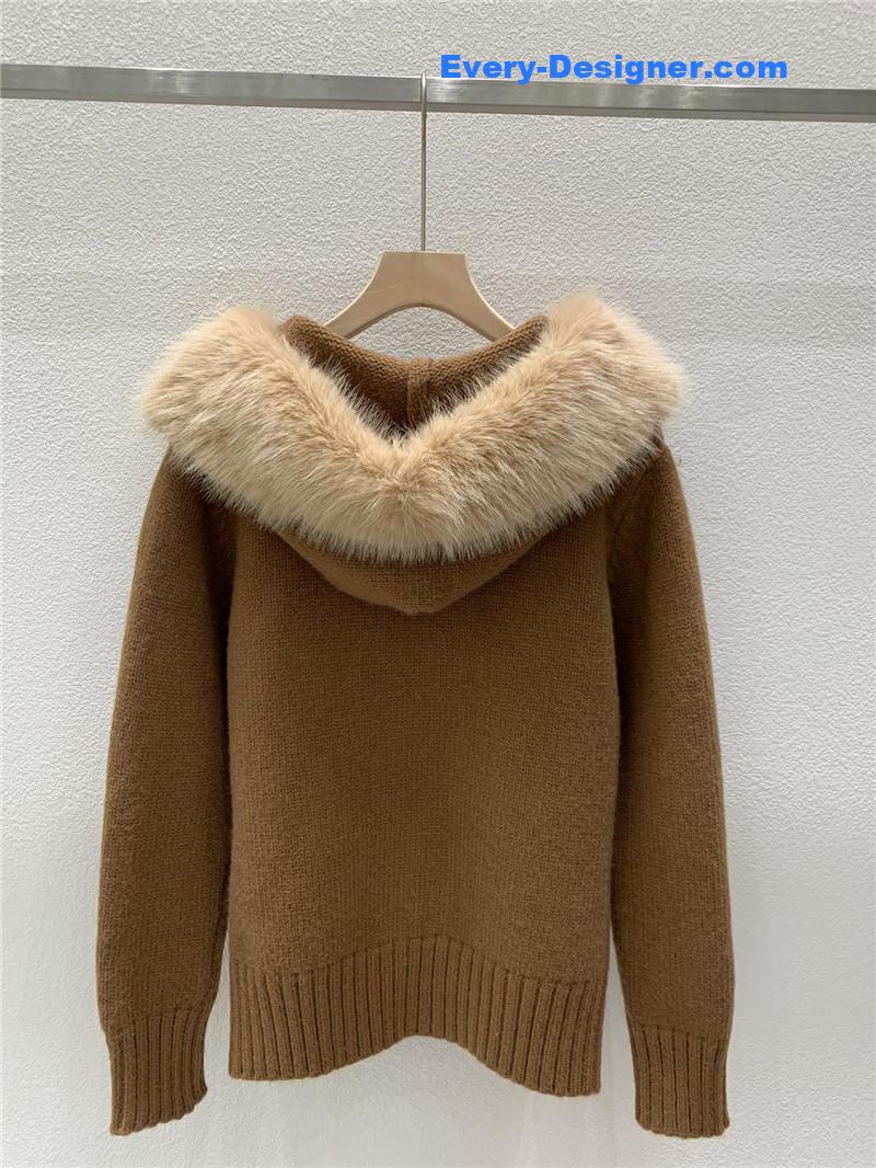 D10r fur zip-up hooded cardigan brown