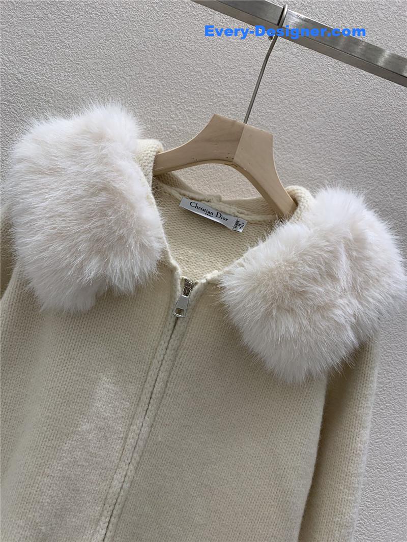 D10r fur zip-up hooded cardigan white