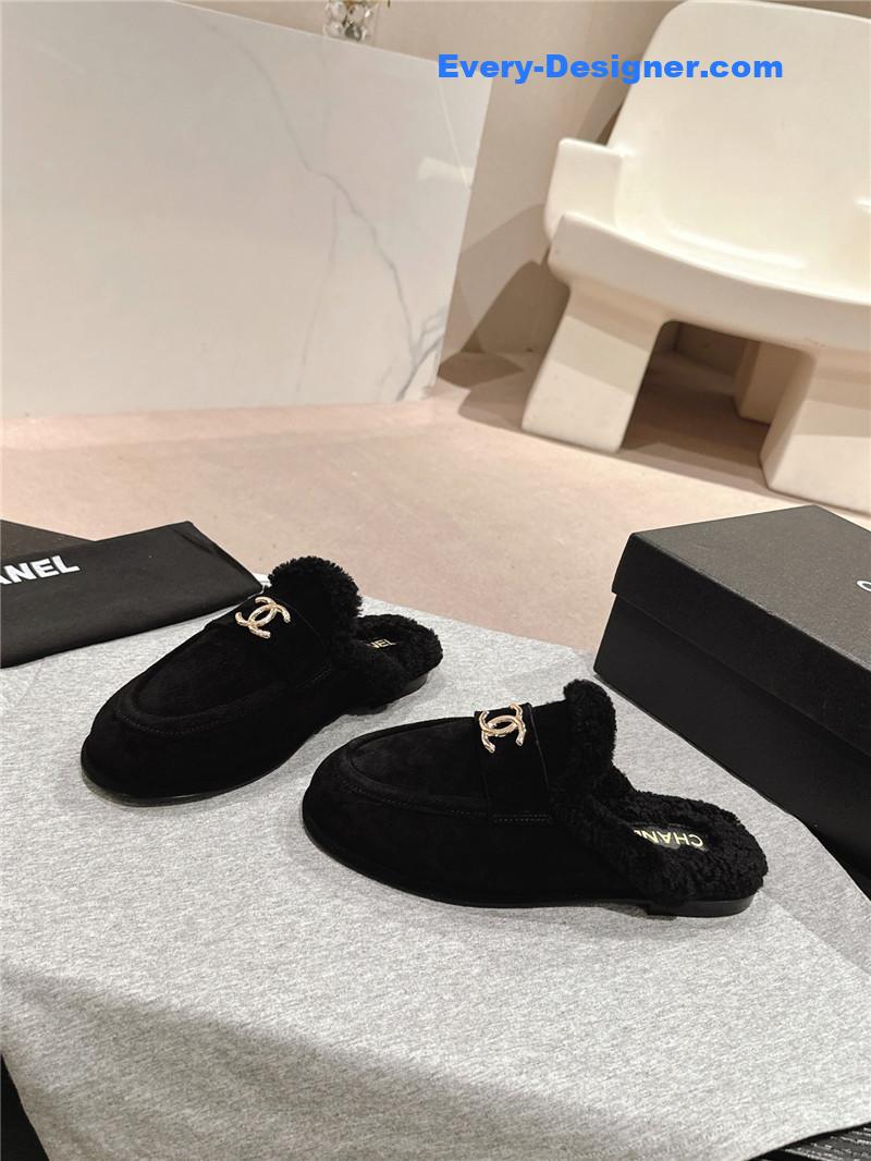 Ch**el suede wool mule loafers in black