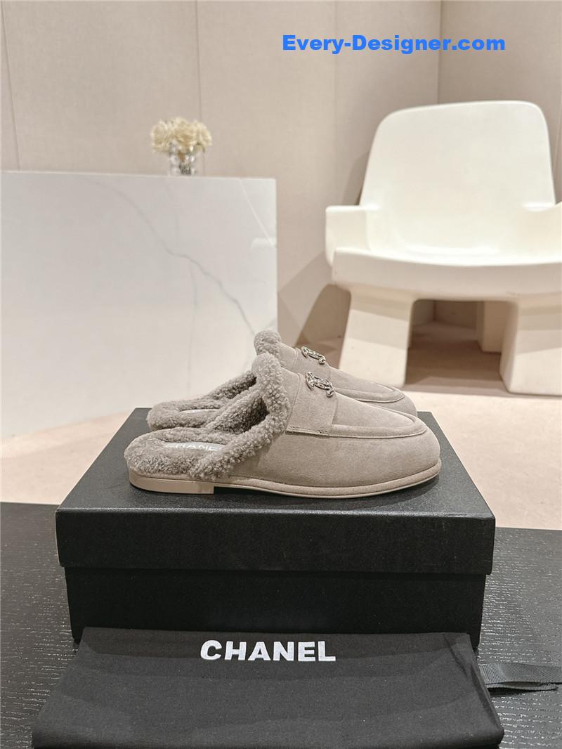 Ch**el calfskin wool mule loafers grey