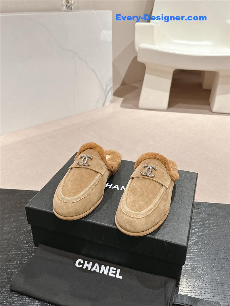 Ch**el calfskin wool mule loafers beige