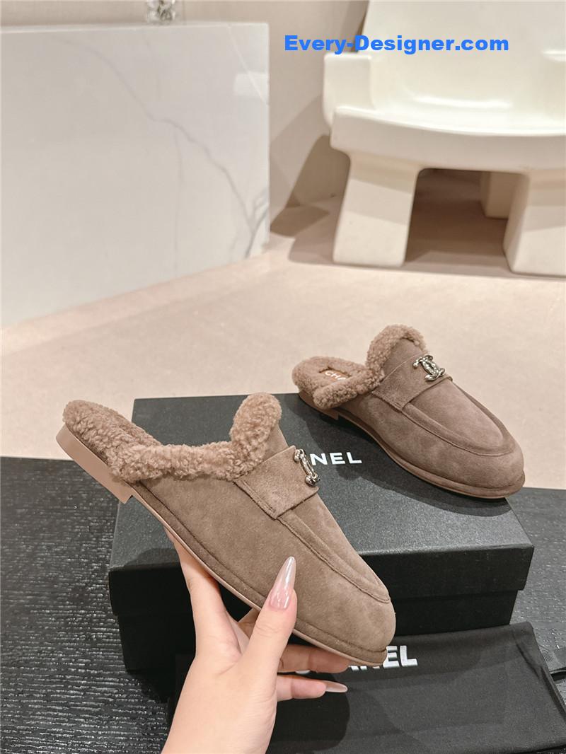 Ch**el calfskin wool mule loafers camel