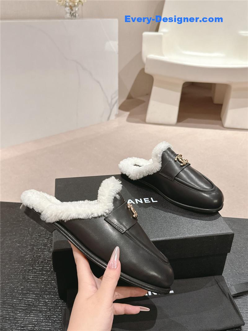 Ch**el calfskin wool mule loafers in black