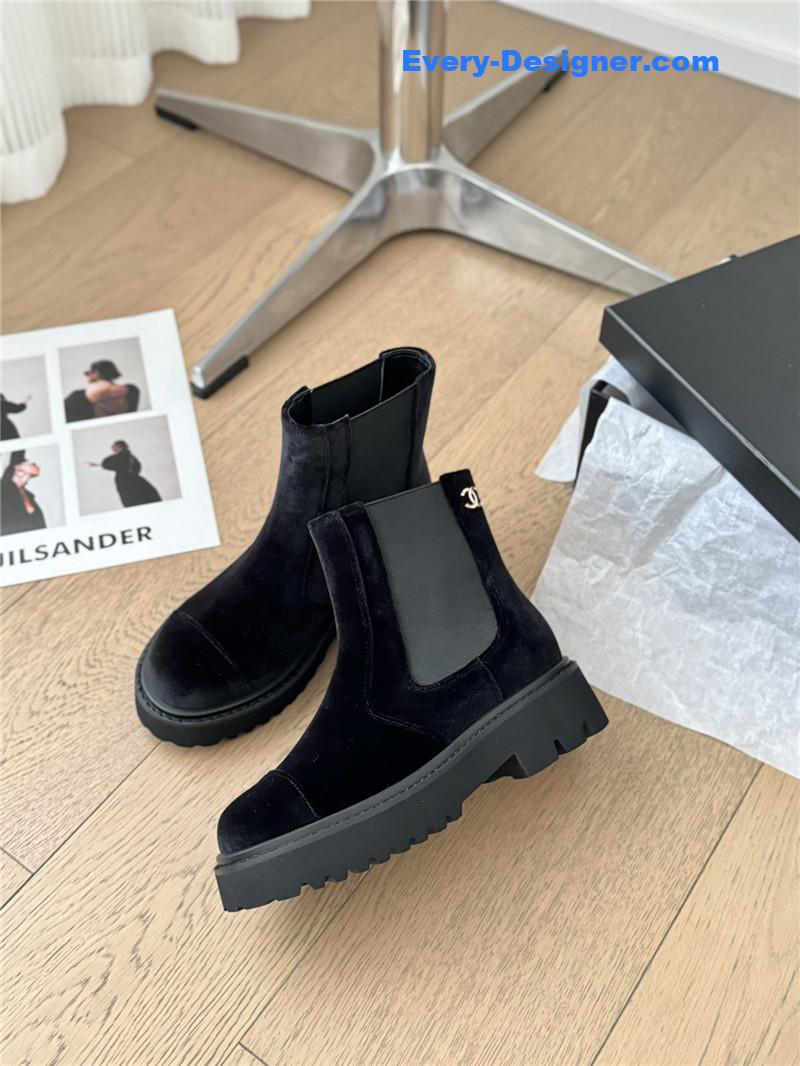 Ch**el black suede calfskin grosgrain cap toe ankle boots