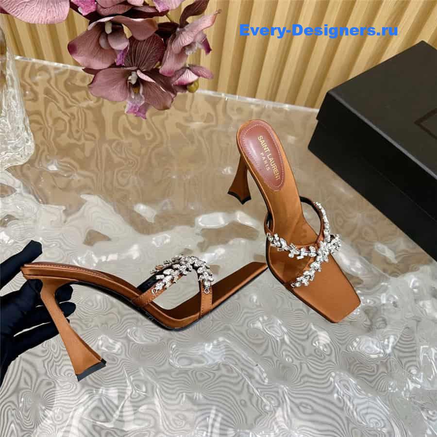 Y51 liz mules in brown satin crepe with rhinestones