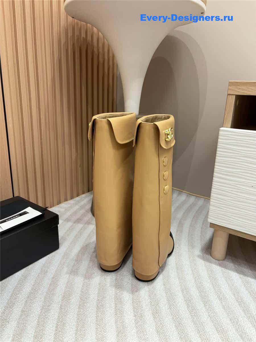 Ch**el brown leather foldover logo high boots