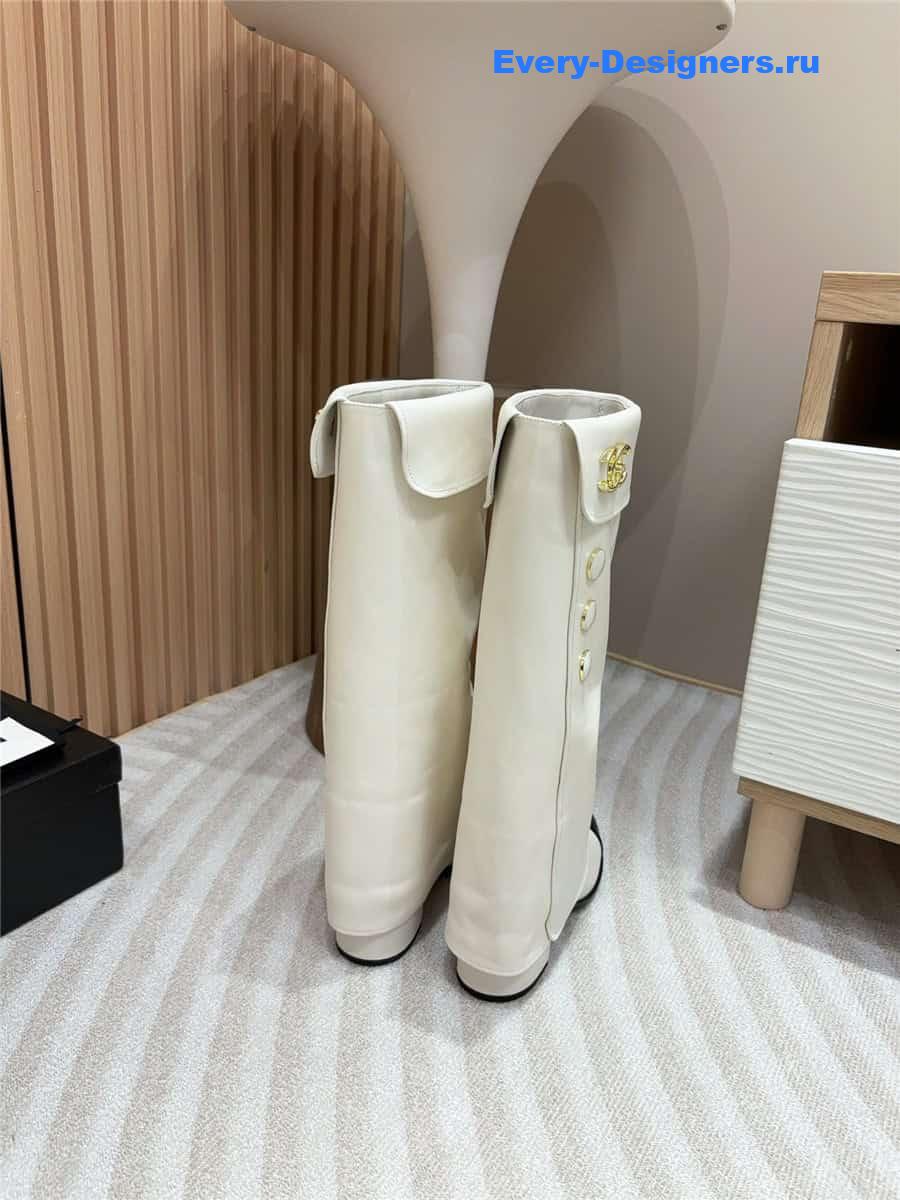 Ch**el white leather foldover logo high boots