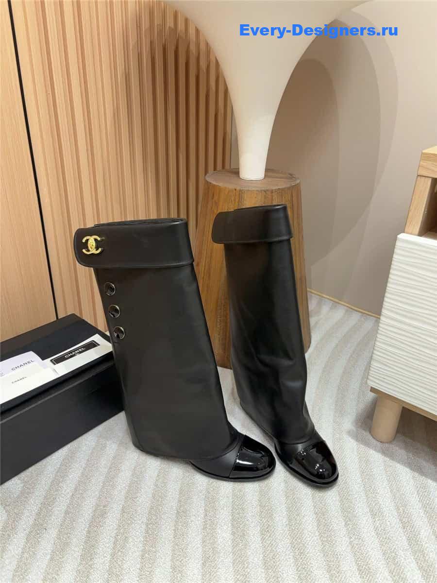 Ch**el leather foldover logo high boots