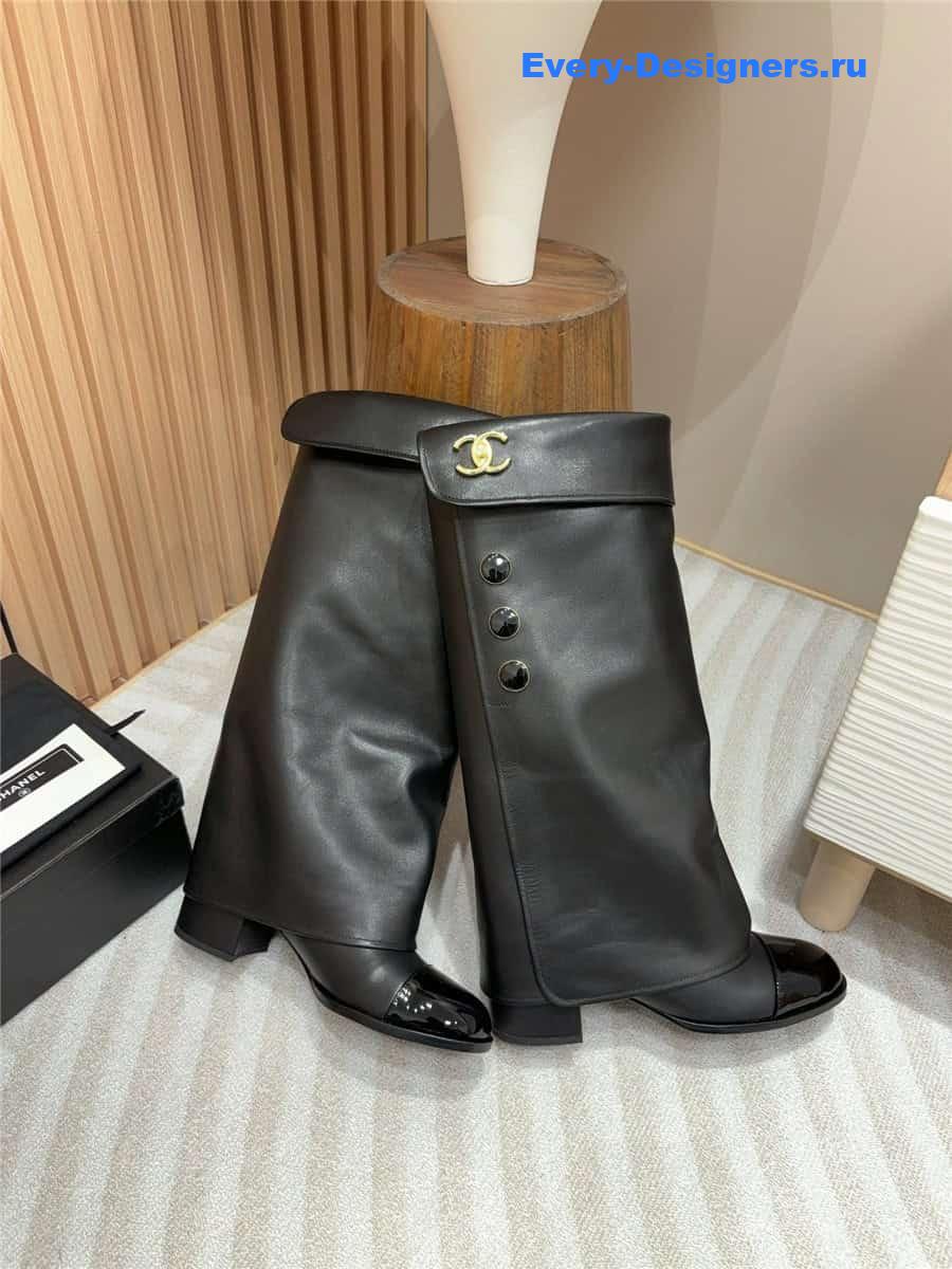 Ch**el leather foldover logo high boots