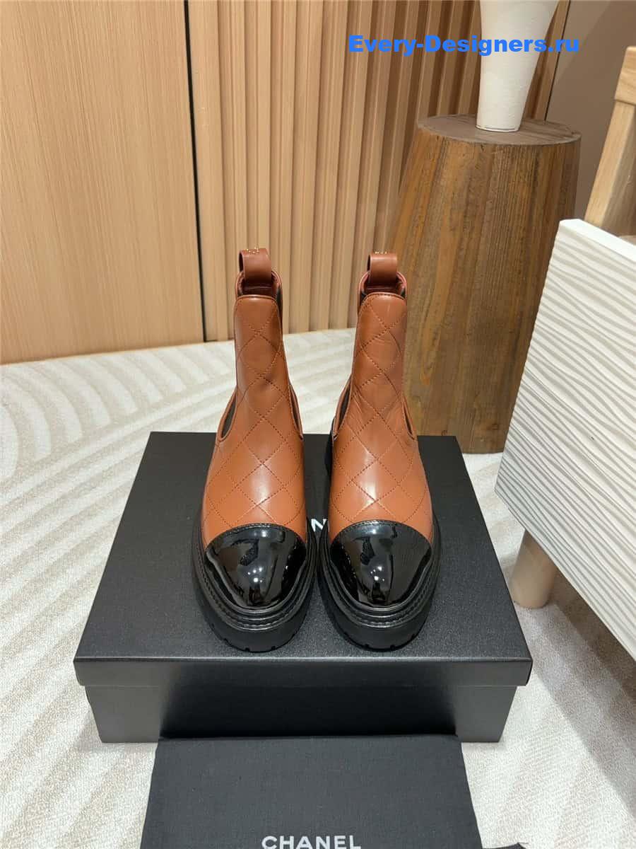 Ch**el brown calfskin patent cap toe ankle boots