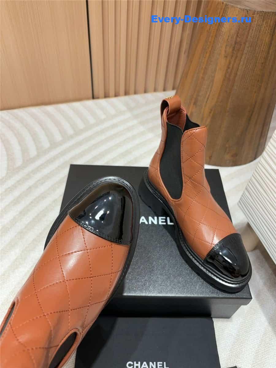 Ch**el brown calfskin patent cap toe ankle boots
