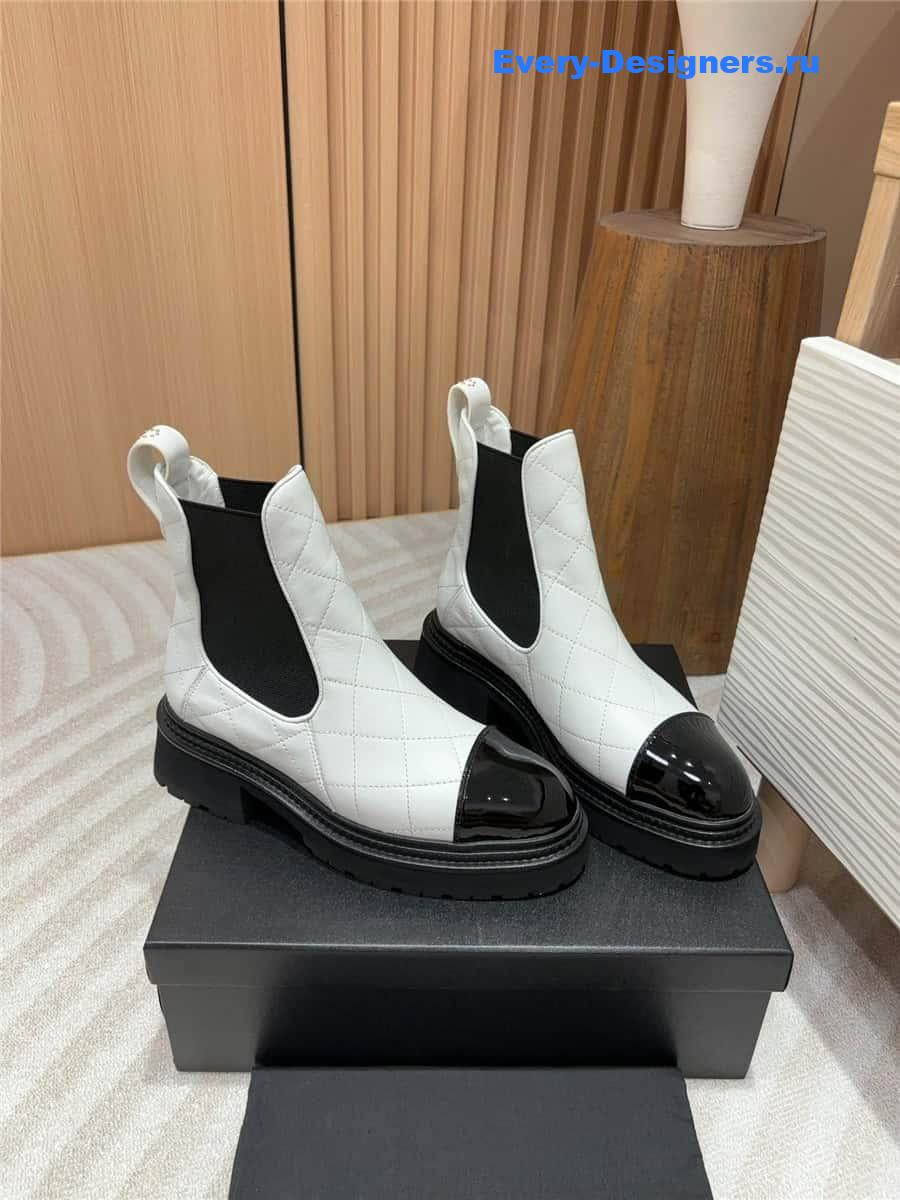 Ch**el white calfskin patent cap toe quilted ankle boots