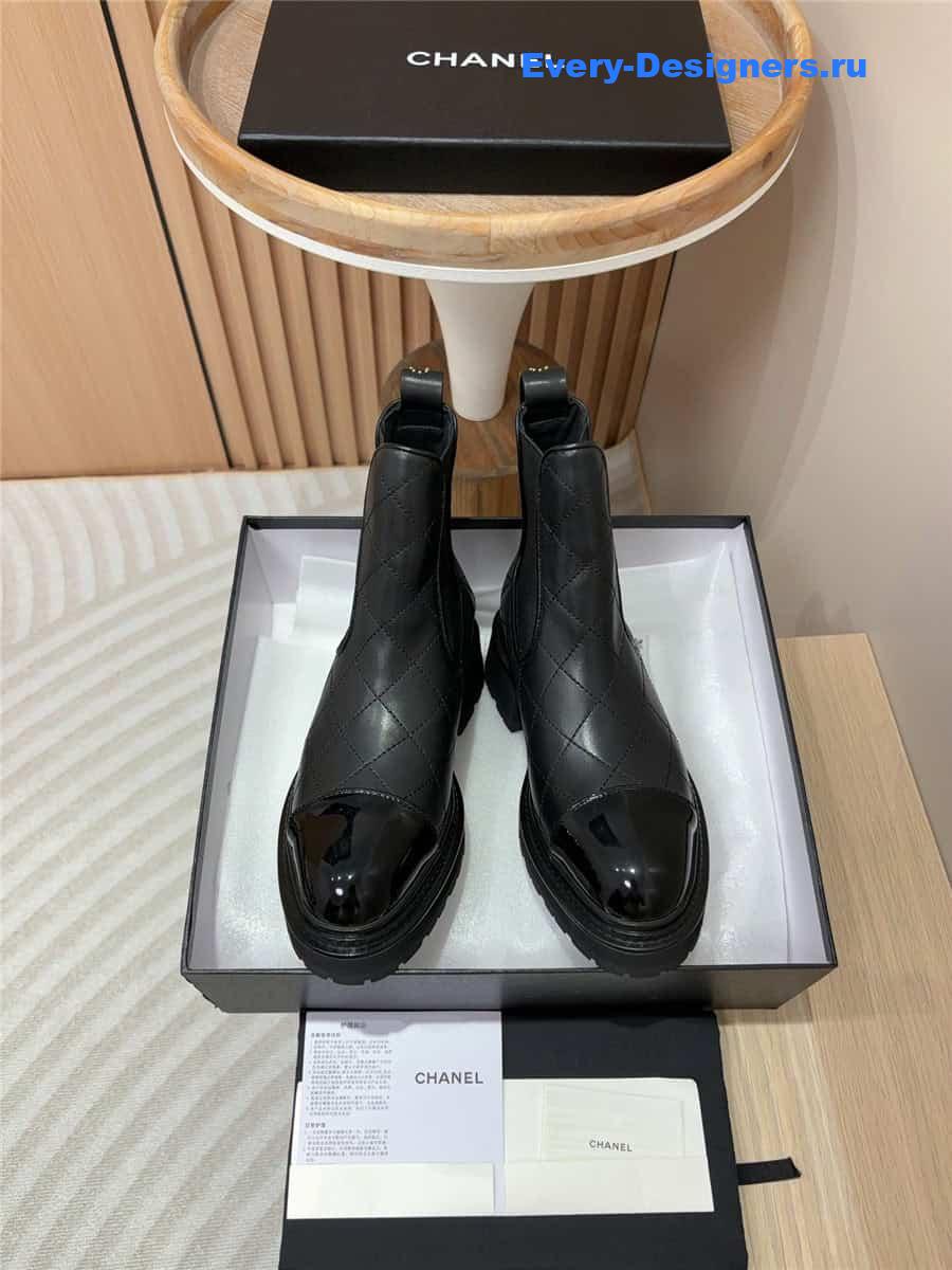 Ch**el calfskin patent cap toe quilted ankle boots