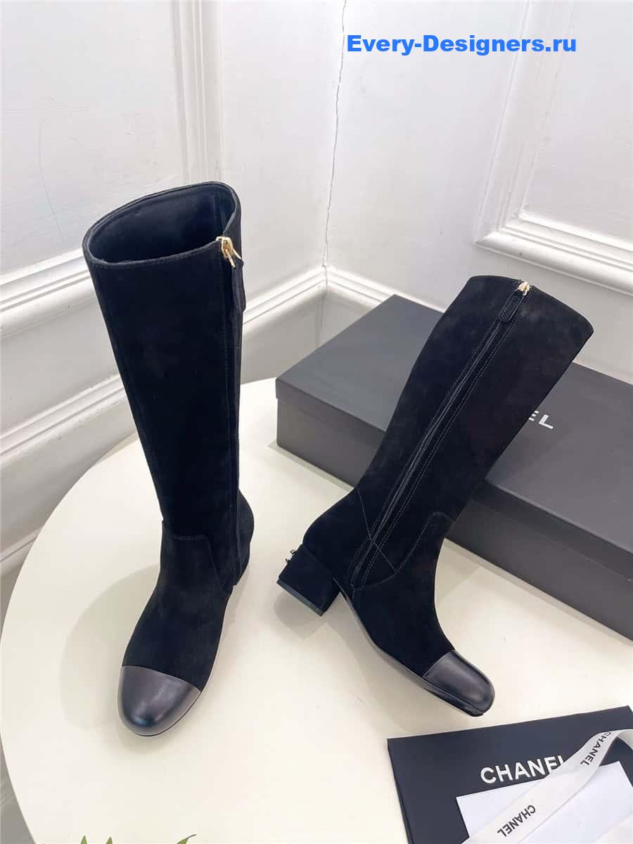 Ch**el black suede leather heeled boots