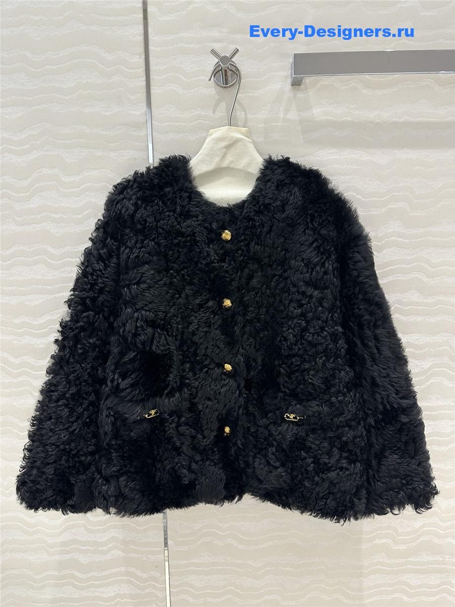 Ce1i*e black round fur tweed jacket