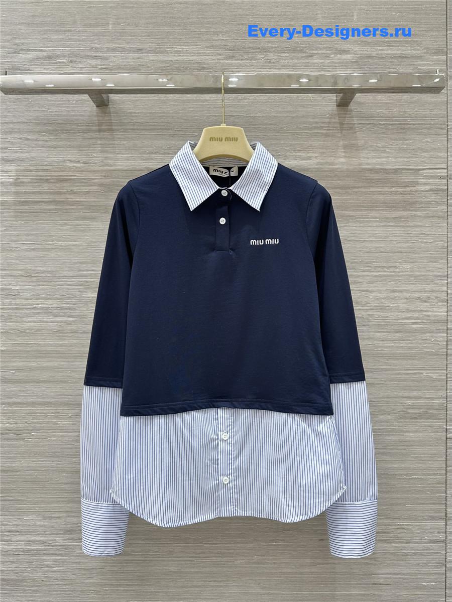 M1um1u fake two-piece shirt lapel striped shirt top