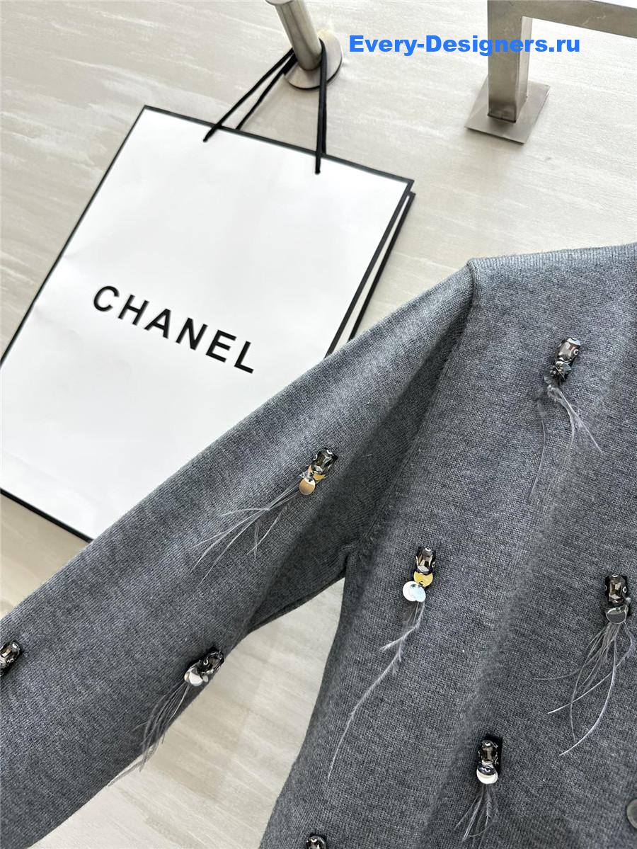 Ch**el feather beaded wool cardigan grey