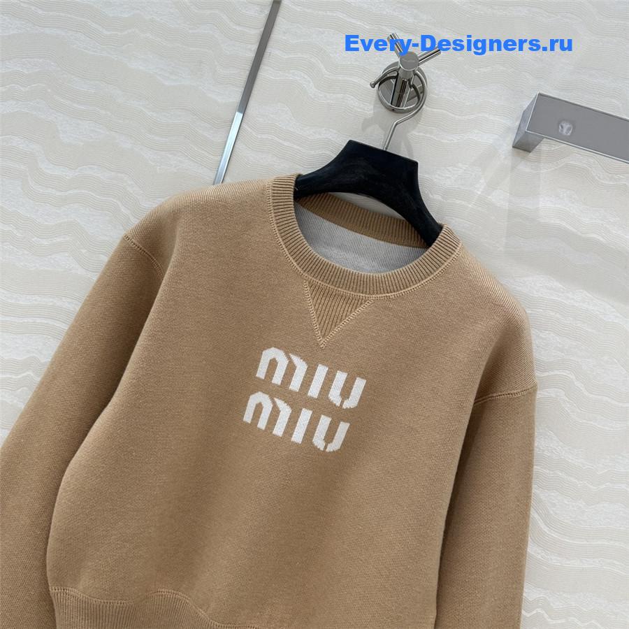 Miu Miu Logo Short Knit Sweater Beige