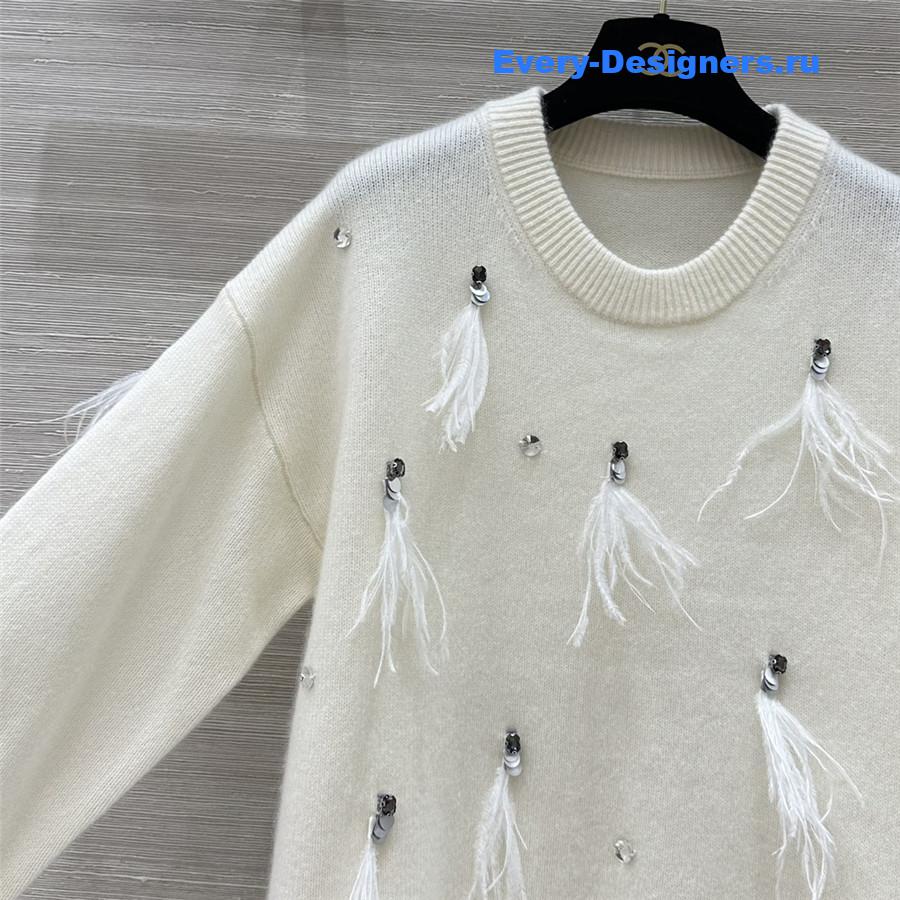Ch**el sequin feather cashmere sweater white
