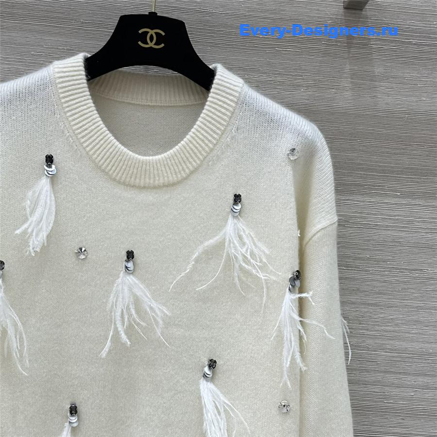 Ch**el sequin feather cashmere sweater white