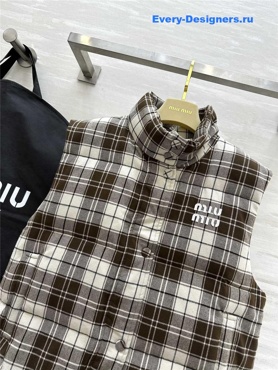 Miu Miu Brown And White Plaid Down Vest