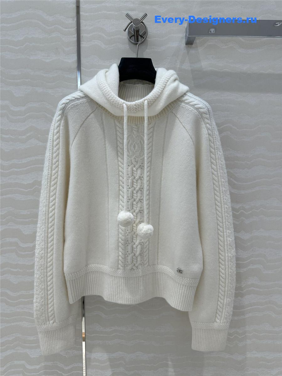Ch**el white rib cashmere sweater with hood