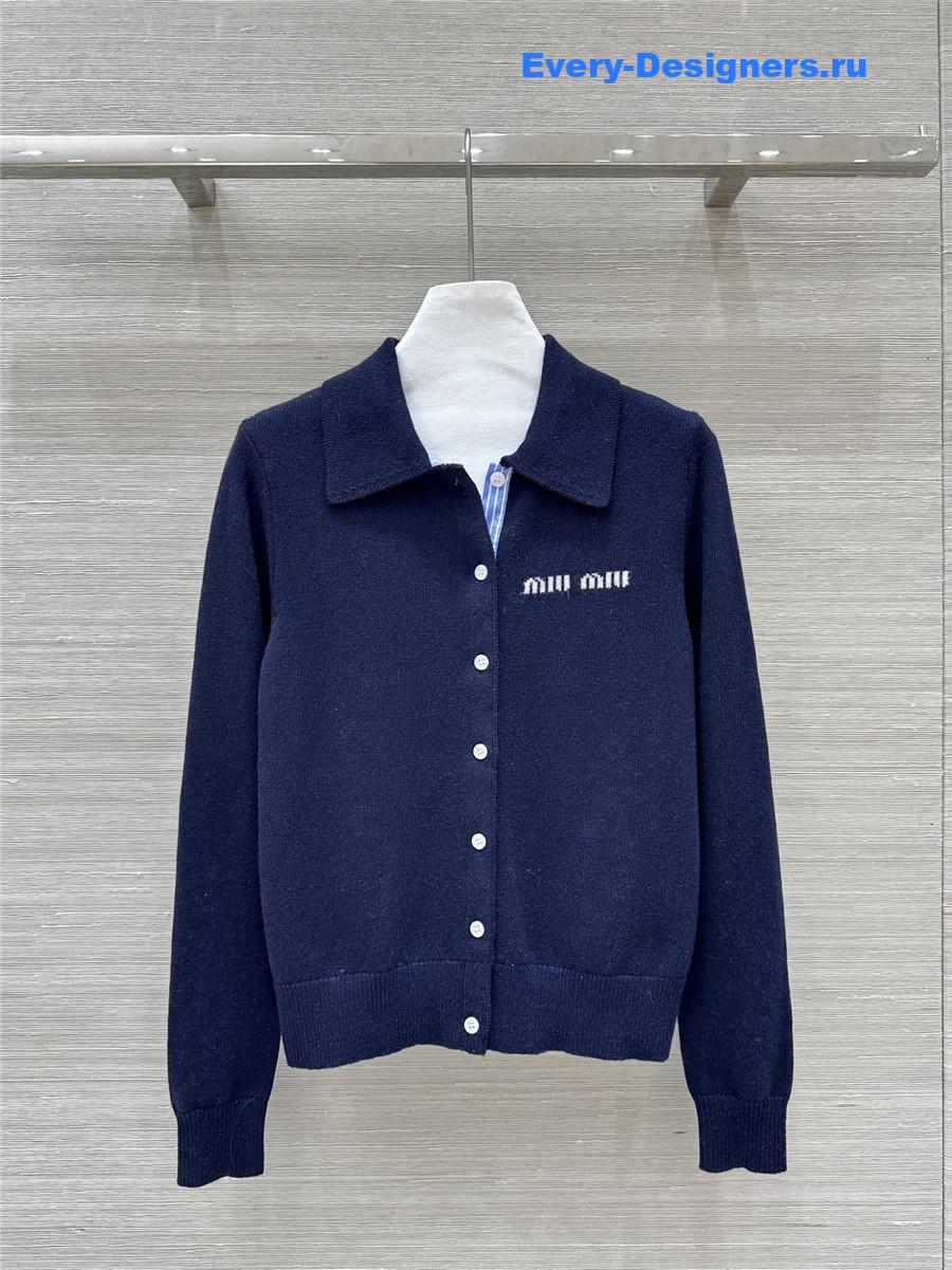 Miu Miu Logo-Intarsia Cashmere Cardigan in Navy