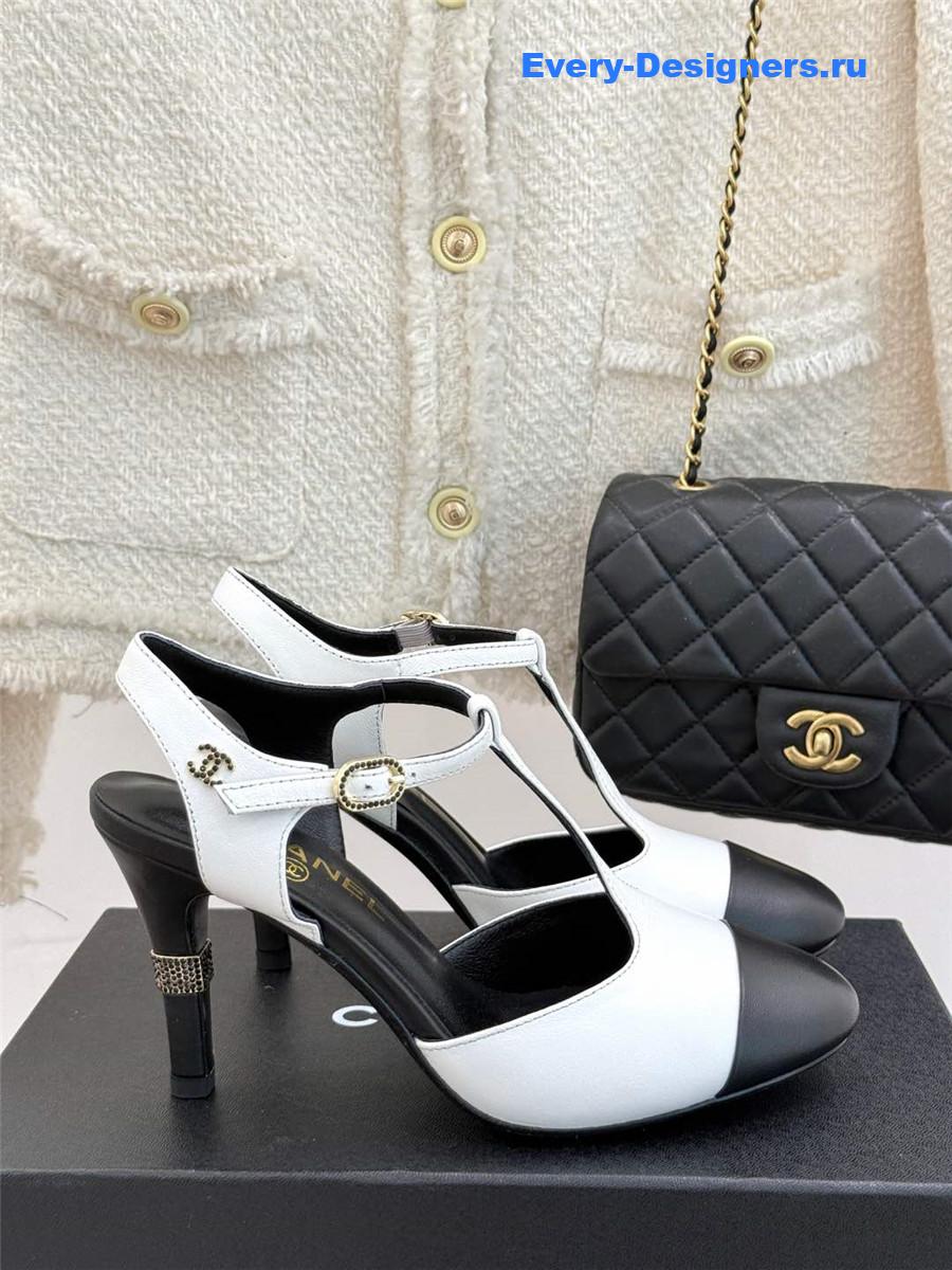 Ch**el t-strap lambskin high heel sandals white