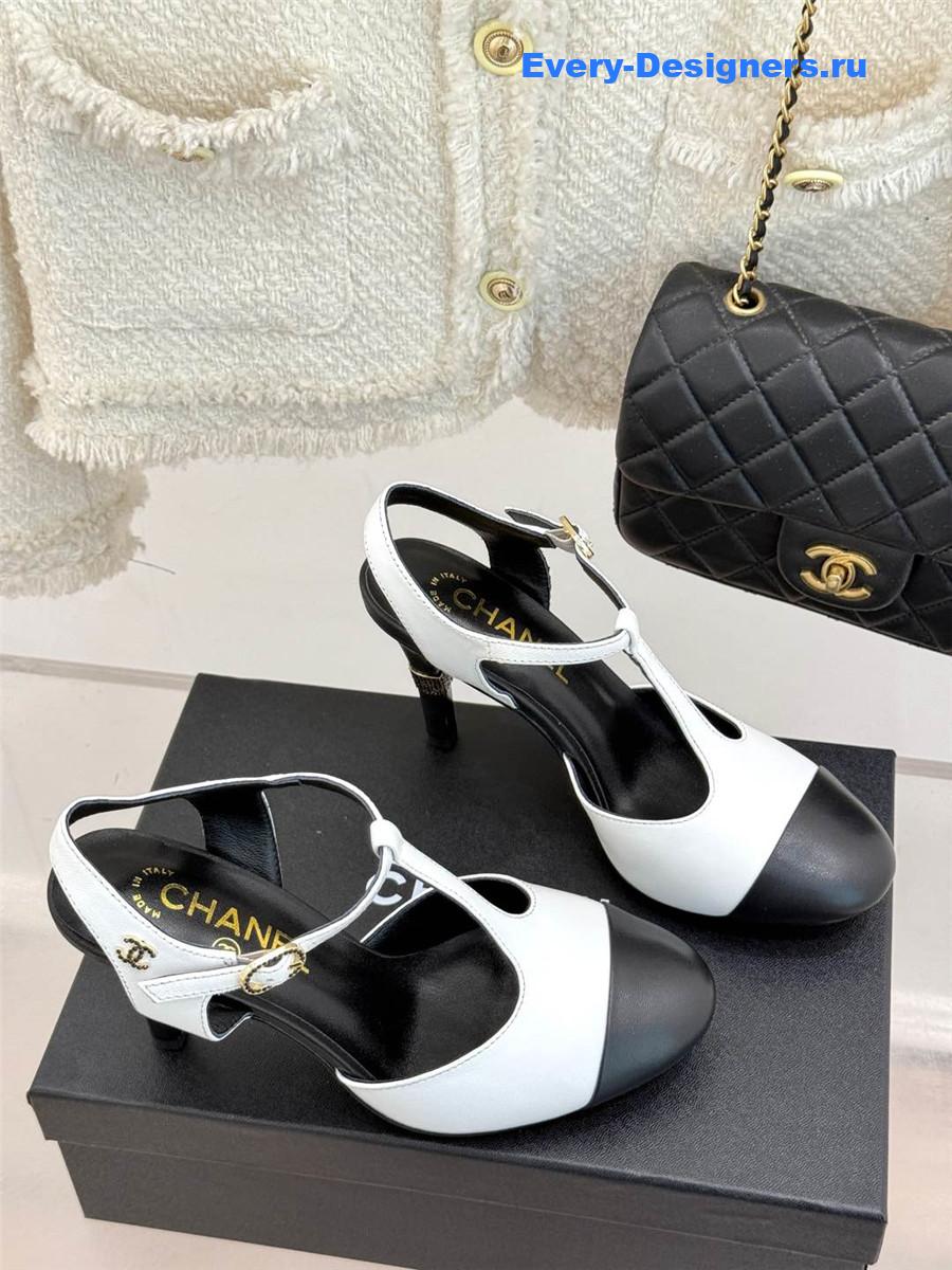Ch**el t-strap lambskin high heel sandals white