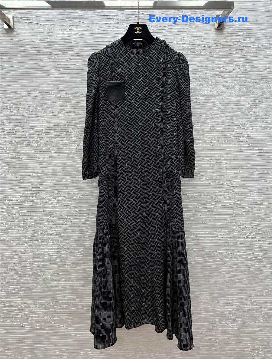 Ch**el black printed logo silk maxi dress