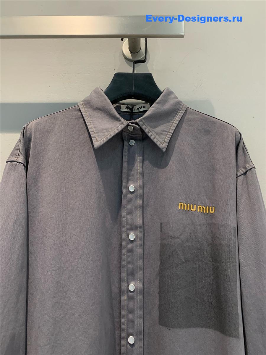 Miu Miu Embroidered Logo Grey Denim Shirt